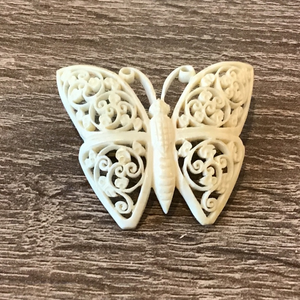 Vintage Intricately Carved Celluloid Butterfly Pin/Brooch 1 1/2" Long